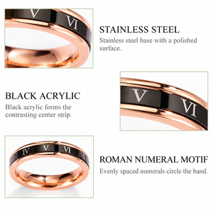 Bague en acier inoxydable couleur or rose et acrylique noir avec design de bande à chiffres romains - Product Image 2