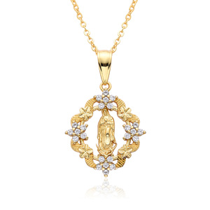 Collar con forma de flor de la fe católica con la imagen de la Virgen Marí<span class=keywords><strong>a</strong></span> y un colgante chapado en oro de 18k sobre cobre. - Product Image 2