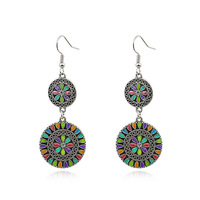 Set Anting Tetes Air Gaya Boho untuk Wanita, Anting Geometris dari Paduan Logam dengan Motif Bunga, Anting Gantung Berwarna Pelangi