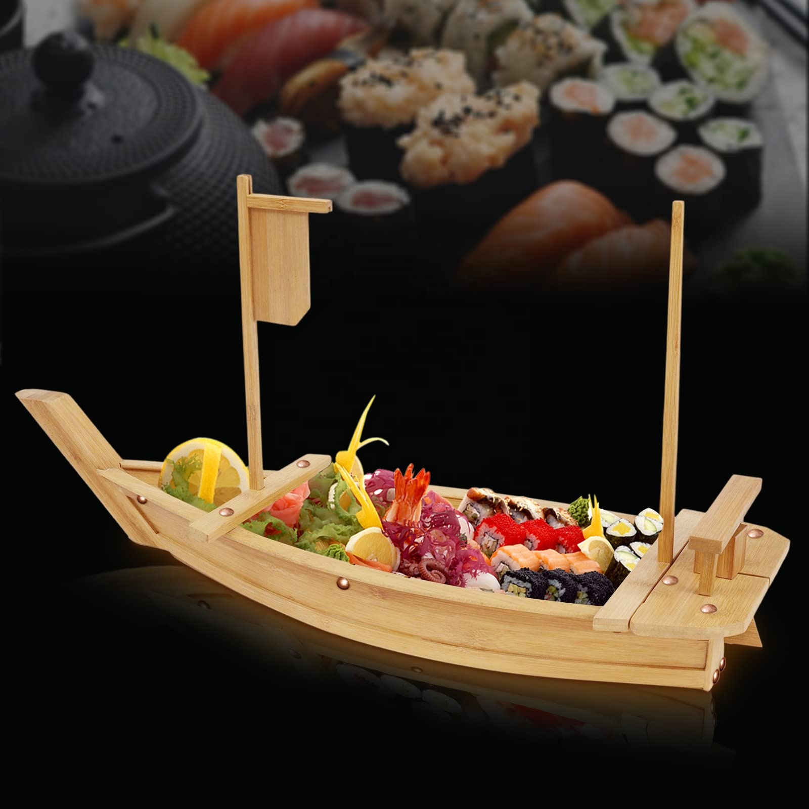 Custom Logo Sushi Tray featuring a laser-engraved bamboo boat design for catering