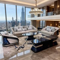 Ensemble de canapés avant-gardistes de luxe bleu cobalt avec panneaux latéraux brillants, canapé en cuir design et meuble TV avec plateau en marbre pour projet de villa
