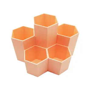 Customized Printed Pink Hexagonal Shape Combined Type Plastic Cute Pen Holder Fancy Desk Container Pen Holder For Office