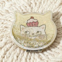 Miroir de maquillage personnalisé en acier inoxydable avec tête d'animal. Design Cat Lava. Logo couleur personnalisable. Mariage ou anniversaire compact