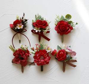 Venta al por mayor personalizado novio nupcial boda graduación Navidad flores artificiales Borgoña colección broche muñeca flor ramilletes - Product Image 5