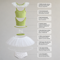 Justaucorps de ballet pour filles, robe tutu à col volanté transparent, manches flottantes, nœud en ruban, boutons-pression, costume de danse pour enfants