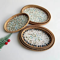 Plateau de service ovale moderne en rotin et coquillages, panier de rangement pour cuisine, salle de bain, table, bureau - Idéal pour les fêtes et le thé