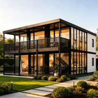 Villa moderne en conteneur préfabriqué avec murs en verre et balcon, espace de vie extérieur, design rectangulaire