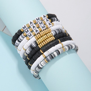Polymer Clay Beaded <b>Bracelet</b> Set Black <b>White</b> Gold Mama Letter Elastic Stackable Women Gift Jewelry Spring 2025 - Product Image 3