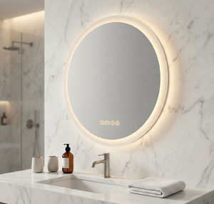 Espejo de baño redondo inteligente LED Kingstin, antivaho, regulable, luz de 3 colores, espejo de tocador sin marco - Product Image 2