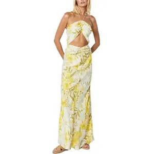 100% lino giallo stampa floreale hollow cut out halter mango maxi abito lungo donna moda abiti estivi nuova moda occidentale