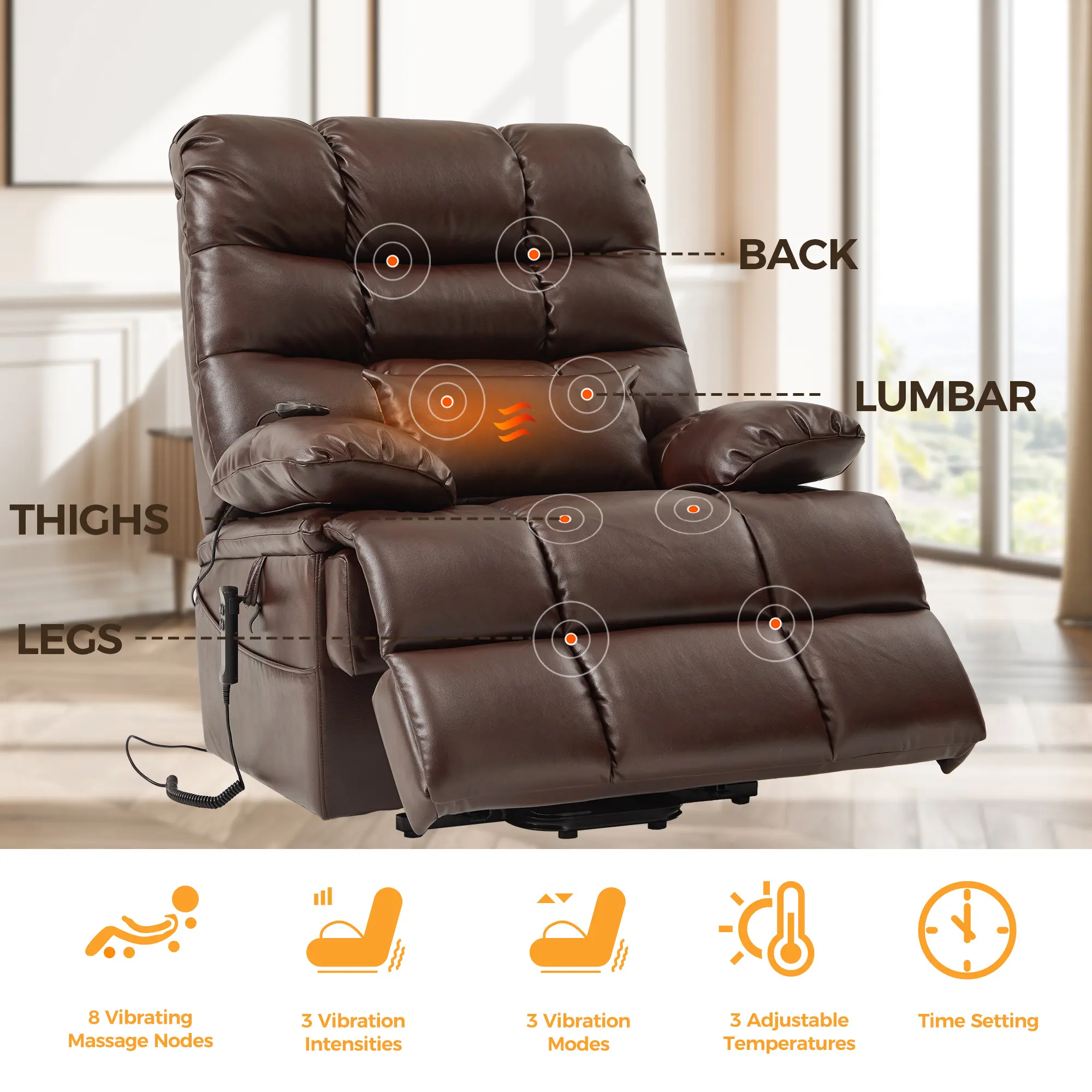 CJSmart Home Big Man Power Lay Flat Lift Recliner Extra Large Oversized Massage thermique à double moteur Chaises électriques rembourrées