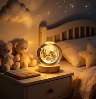 Veilleuse d'hôtel minimaliste en cristal laser, boule Voie Lactée avec base en bois LED blanc chaud, à brancher, pour décoration de chambre