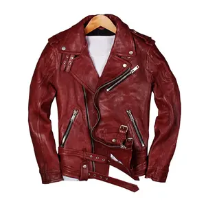 OEM Custom Classic Style Red Veg.Tanned Leather Biker Pilots Jacket Men