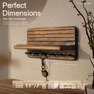 Wooden <b>Wall</b> <b>Mounted</b> Key Rack Solid Wood Entryway Storage <b>Shelf</b> Multifunctional Coat Rack Retro Color Rectangle Shape - Product Image 4