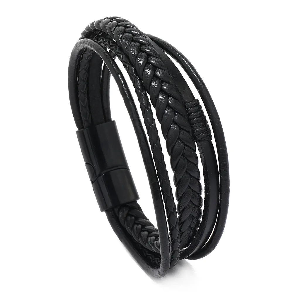 Bracelet en cuir multicouche tressé en titane pour homme, en acier inoxydable noir, fait à la main