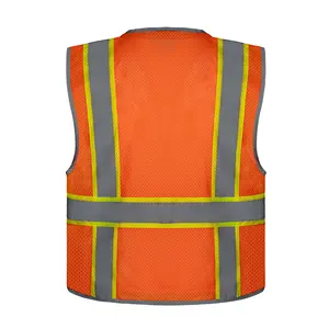 Two-Tone Reflective High Visibility Zipper Multi-Pocket Chaleco Mesh Construction Road Safety Workwear Uniform Vest