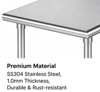 Plan de travail en acier inoxydable avec étagère inférieure, table de préparation de cuisine commerciale robuste, finition mate brossée, résistance à la corrosion