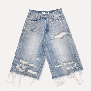 DiZNEW Short en jean vintage délavé pour <span class=keywords><strong>homme</strong></span>, coupe ample, avec empiècements, bords bruts, style streetwear, OEM - Product Image 3