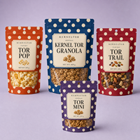 Sachets personnalisés imprimés avec encoche de déchirement et trou de suspension pour granola, pop-corn et mélange de fruits secs