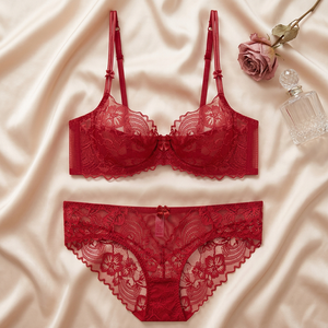 Wholesale Red Floral Lace Lingerie <b>Set</b> Women Underwire See Through Bra and Panty 2 Piece <b>Set</b> Plus Size Lingerie for Women - Product Image 5