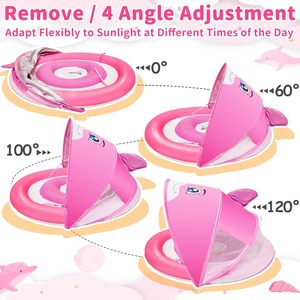 Bouée de piscine pour bébé en forme de dauphin rose avec auvent solaire réglable UPF50+ et deux chambres à air - Product Image 2