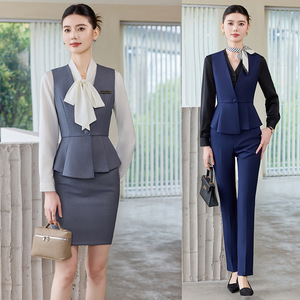 Women Professional Vest Skirt Suit Solid Color Polyester Workwear For Beauty Salon Medical Receptionist Uniform - Product Image 1