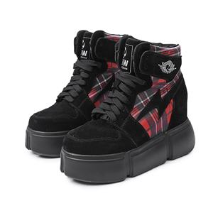 Daim Plaid Toile <span class=keywords><strong>Lacets</strong></span> <span class=keywords><strong>Cheville</strong></span> Haute Cachée Wedge Baskets Plateforme Dame Chaussures Yicheng Bottes Cuir - Product Image 5