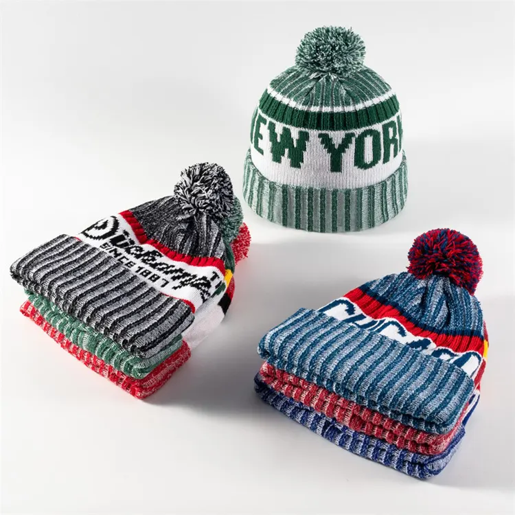 Custom Logo Unisex Jacquard Pom Pom Beanie Wool Knit Hats Beanie Winter Hat