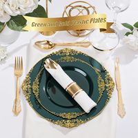 Ensemble de vaisselle en plastique vert et or sans BPA pour 50 invités, comprenant 100 assiettes jetables, 150 couverts, 50 gobelets et 50 serviettes