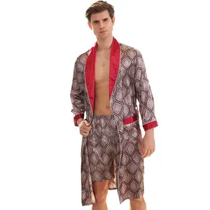 Iki parçalı ipek bornoz seti lüks saten bornoz uzun kollu desen tasarım pijama için erkekler