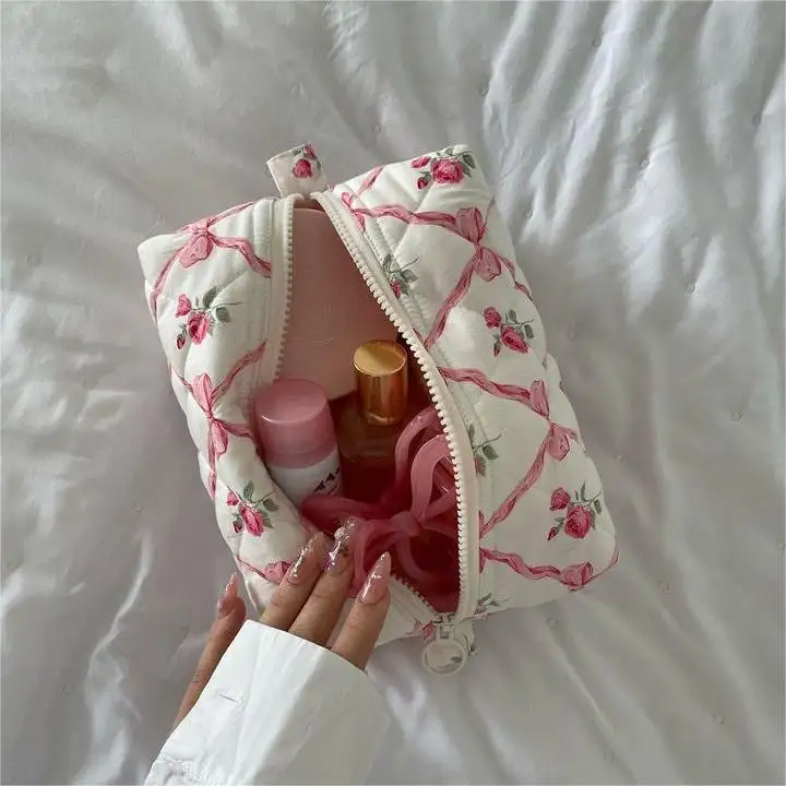 Стеганая стеганая хлопковая стеганая сумка с застежкой-молнией и логотипом для Косметики Косметический макияж косметический мешок для ухода за кожей