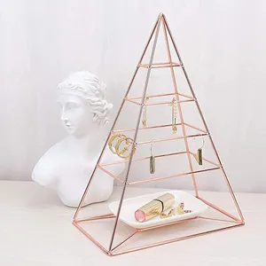 Rose Gold Jewelry Organizer Pyramid 4 Tier Jewelry Tower Decorative Metal Jewelry Holder Display With White Tray