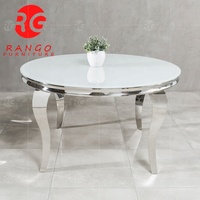 Table de salle à manger en verre, table de 150 cm de long avec pieds en acier inoxydable argenté brillant, table ronde en verre blanc