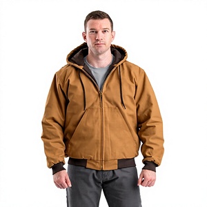 Men's <b>Hooded</b> <b>Fleece</b> <b>Jacket</b> Canvas Cotton Windproof Workwear Style Zipper Winter Solid Color Regular Fit Front Logo - Product Image 1