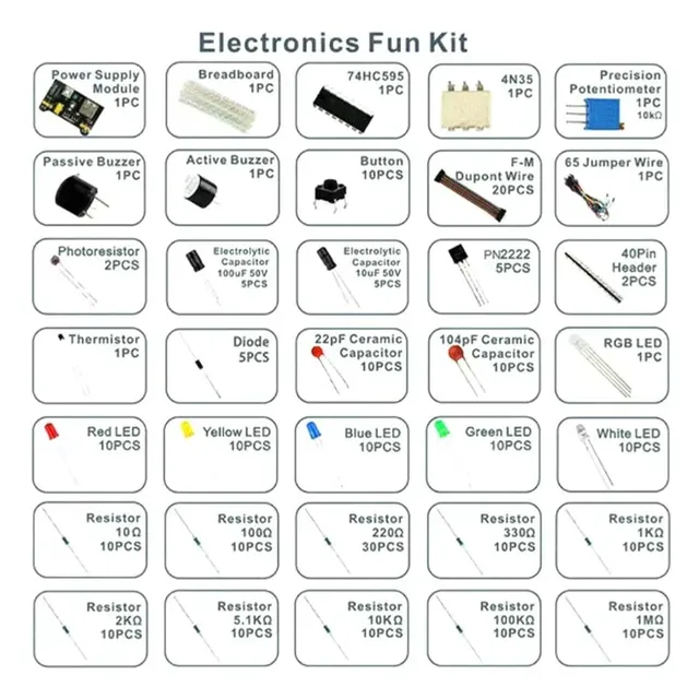 Electronics Component Basic Start Kit with 400 Tie-points Bread-board Cable Resistor, Capacitor, LED, Potentiometer.