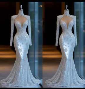 S3619L 2026 Robe de mariée sirène élégante à manches longues, taille haute, avec perles en strass, nouvelle mode, amincissante - Product Image 3