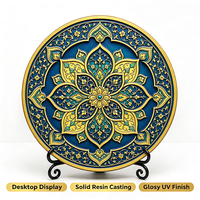 Assiette décorative en résine Mandala doré islamique, impression UV, motif floral arabesque personnalisé, ornement de bureau avec support, vente en gros OEM