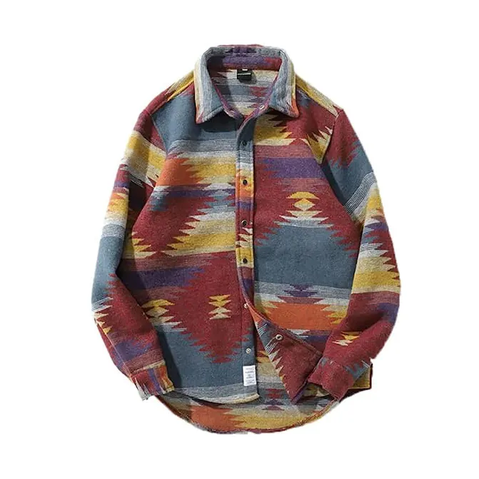 Retro brushed long-sleeved warm geometric pattern turn down collar mens flannel aztec print shirt