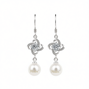 Pendientes colgantes de flor chapados en oro blanco Haln con circonita y perla de imitación para mujer, estilo clásico de boda - Product Image 1
