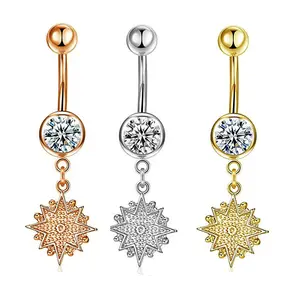 YICAI 14G Sun Star CZ Pendant Navel Piercing For Women Summer Dangling Surgical Steel Sun Belly Button Navel Ring