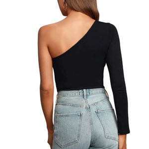 <span class=keywords><strong>Top</strong></span> Corto da Donna Personalizzato in Poliestere, Asimmetrico, Aderente, a Manica Lunga, Monospalla, <span class=keywords><strong>Nero</strong></span> Satinato, Ecologico e Super Morbido - Product Image 5