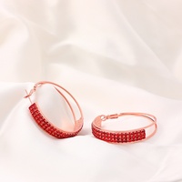 Boucles d'oreilles créoles en or rose avec strass rouges 45 mm, pavé de cristaux, en cuivre électroplaqué, 3 rangs, bijoux de gros pour femmes