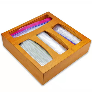 Bamboo Ziplock Kitchen Drawer Organizer With Open Lid Wooden Bag Food Storage Bag Holder Plastic Bag Dispenser For All Size Sand