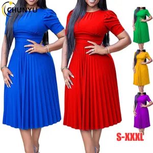 Women's Elegant Casual Round Neck Loose Short Sleeve Pleated Solid Formal Evening Party A-Line Midi Dress
