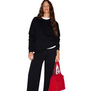 Sweat-shirt noir à col rond pour femme, manches longues, en coton tricoté, couleur unie, coupe oversize, pour l'automne - Product Image 1