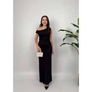 Robe de soirée 3032 asymétrique à une épaule, coupe fourreau en satin, taille naturelle, confortable, noire - Product Image 5