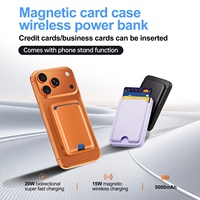 Porte-cartes magnétique en cuir certifié FCC/CE avec support intégré, batterie externe sans fil 15W, sortie 20W, protection contre les surcharges, 5000mAh, cadeau