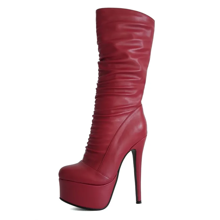 girls winter designer rubber stiletto high heeled shoes slouch red pu leather platform boots for women
