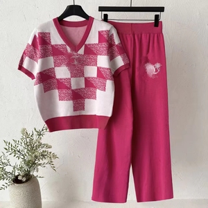 Nouvel ensemble d'été pour le commerce extérieur, tricoté à carreaux bleus et blancs, ample, anti-plis, pour femme, col en V, manches courtes, <span class=keywords><strong>pantalon</strong></span> large - Product Image 1