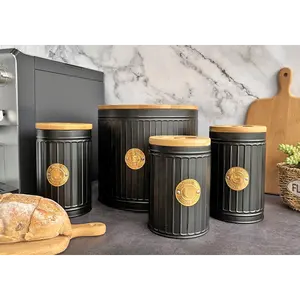 Metal Black Bread Storage Container Box Tea Coffee Sugar Canisters Sets For The Kitchen Storage Jars with Bamboo Lid